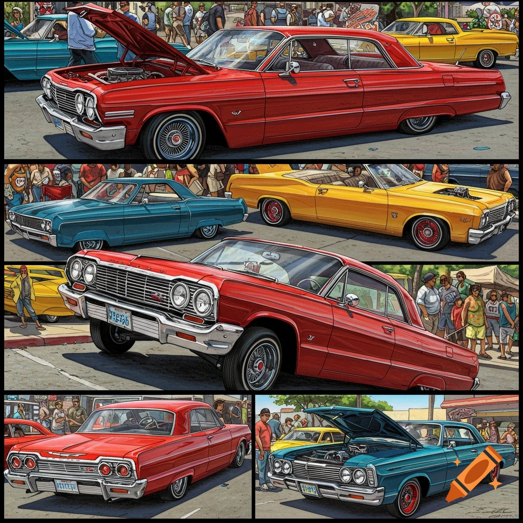 Illustration of colorful lowrider cars and people in a street scene. on ...