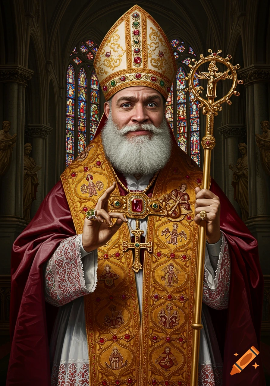 Portrait of a bearded man in ornate Papal robes and mitre in a church ...