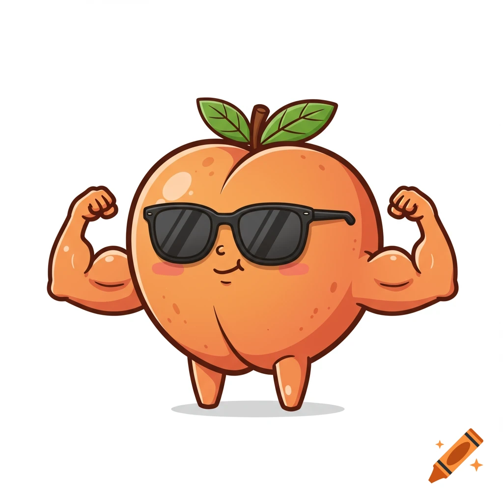 Cartoon peach character wearing sunglasses and flexing muscles.