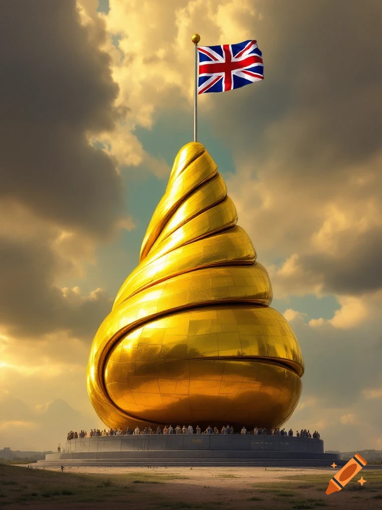 A massive swirling golden sculpture topped with a British flag stands before a crowd on a platform under a dramatic sky.