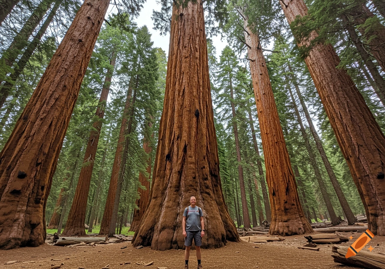A man stands dwarfed by giant redwood trees in a forest.