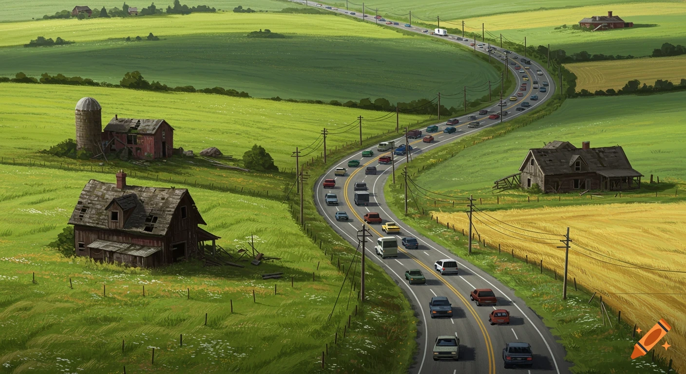Illustration of a crowded road winding through rolling green fields with abandoned farmhouses.