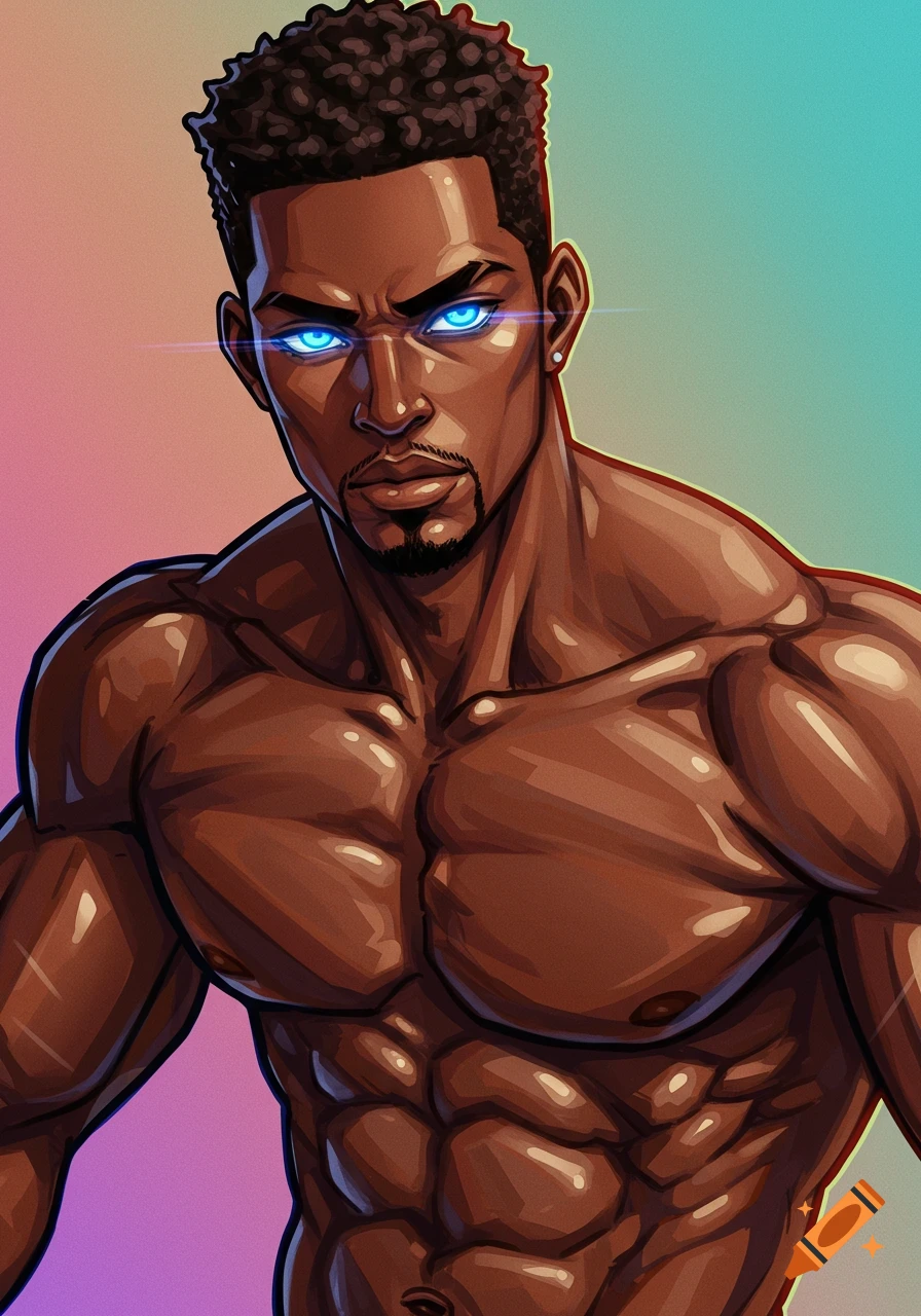 Anime portrait of a muscular black man with glowing blue eyes.