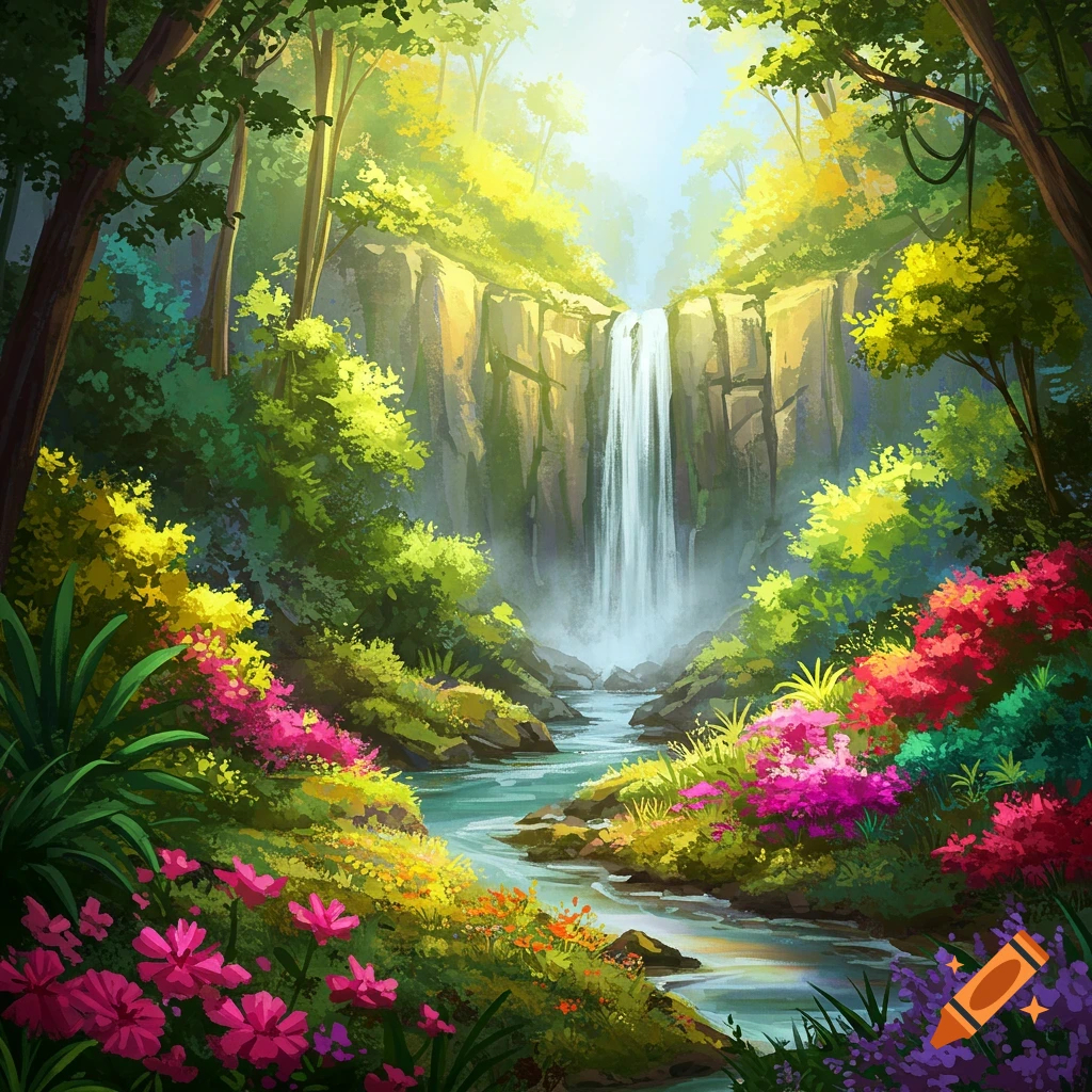 A vibrant, stylized painting of a forest landscape with a waterfall, stream, and colorful flowers.