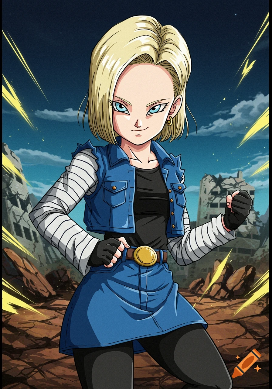 Anime illustration of Android 18 standing in a ruined city with lightning effects
