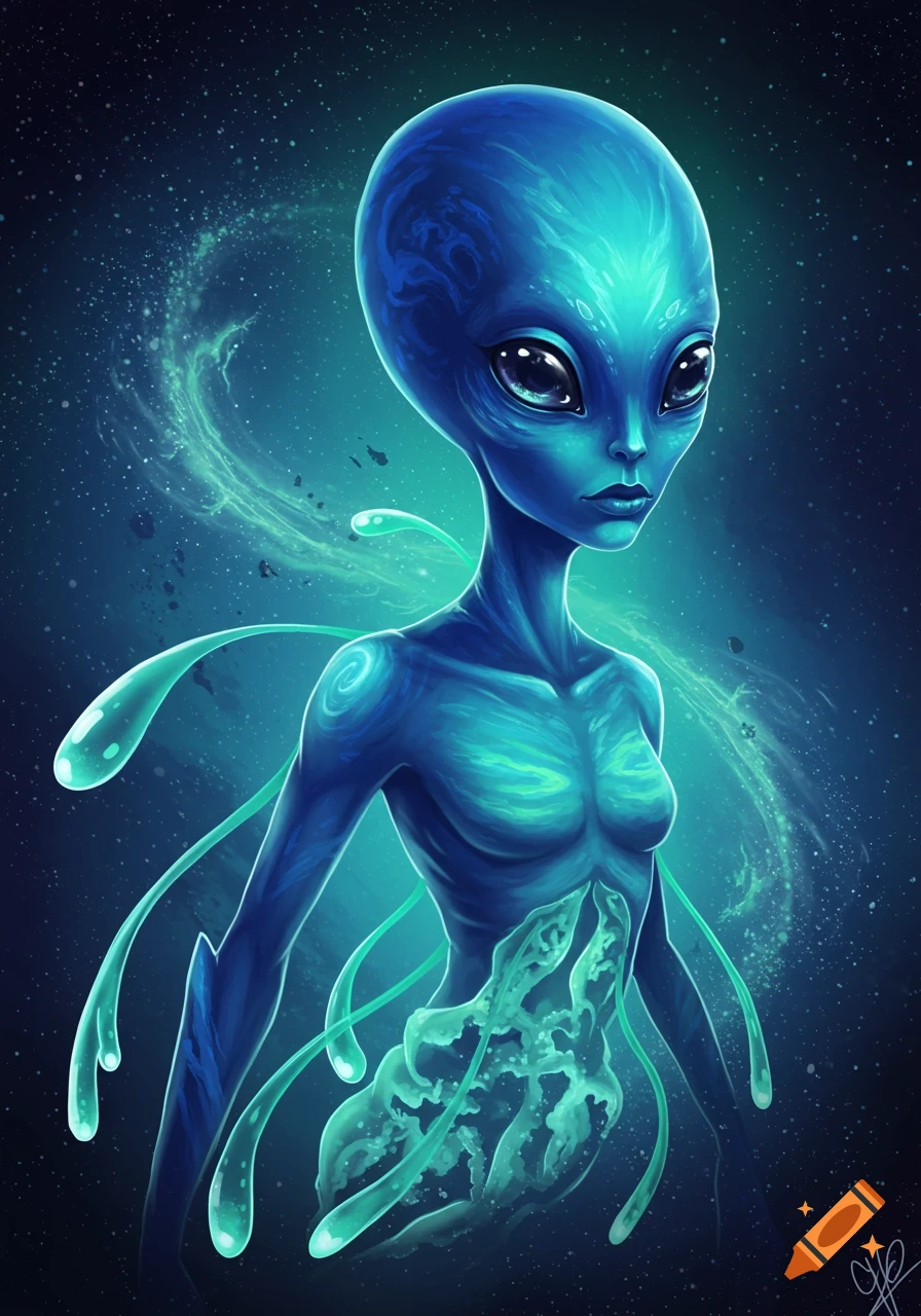 Digital illustration of a blue alien creature in space.