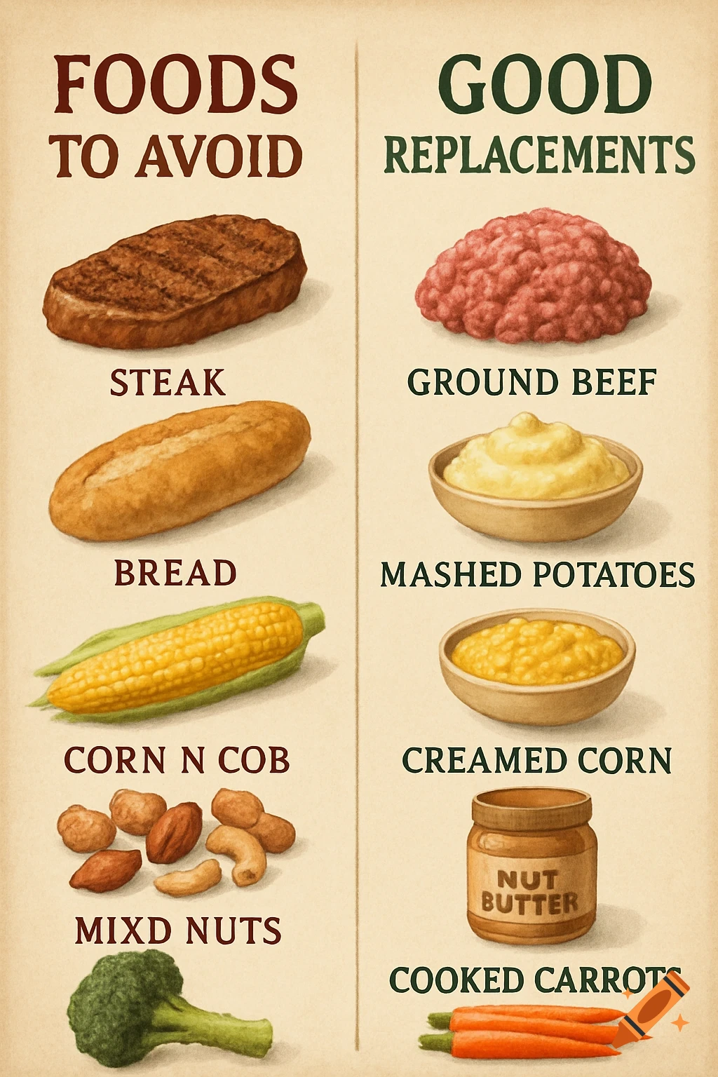 A poster chart shows two lists: Foods to Avoid with images of steak, bread, corn on cob, and mixed nuts; and Good Replacements with images of ground beef, mashed potatoes, creamed corn, nut butter, and cooked carrots.