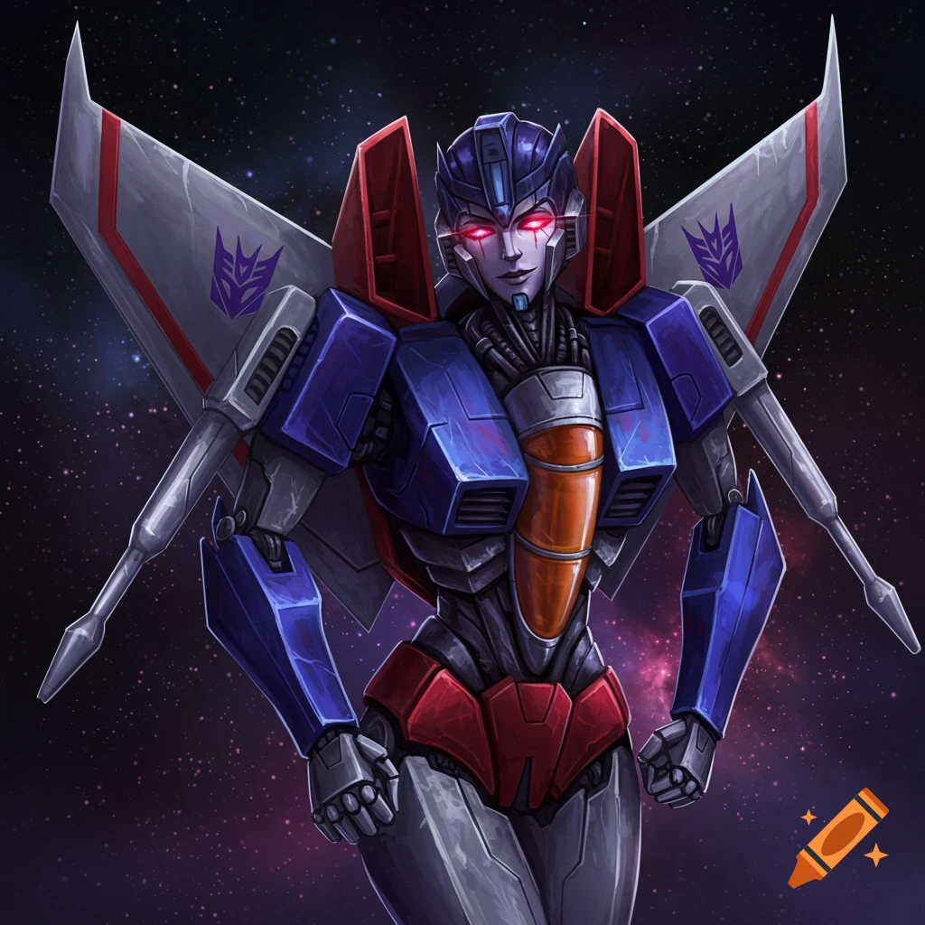 Illustration of a female Starscream Transformer in space