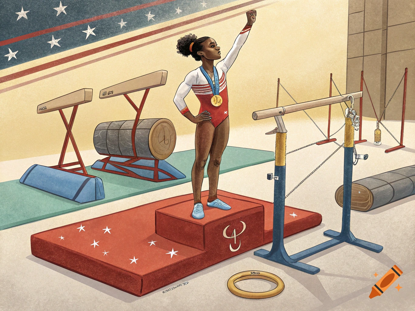 Illustration of a gymnast on a podium with a gold medal in a gym