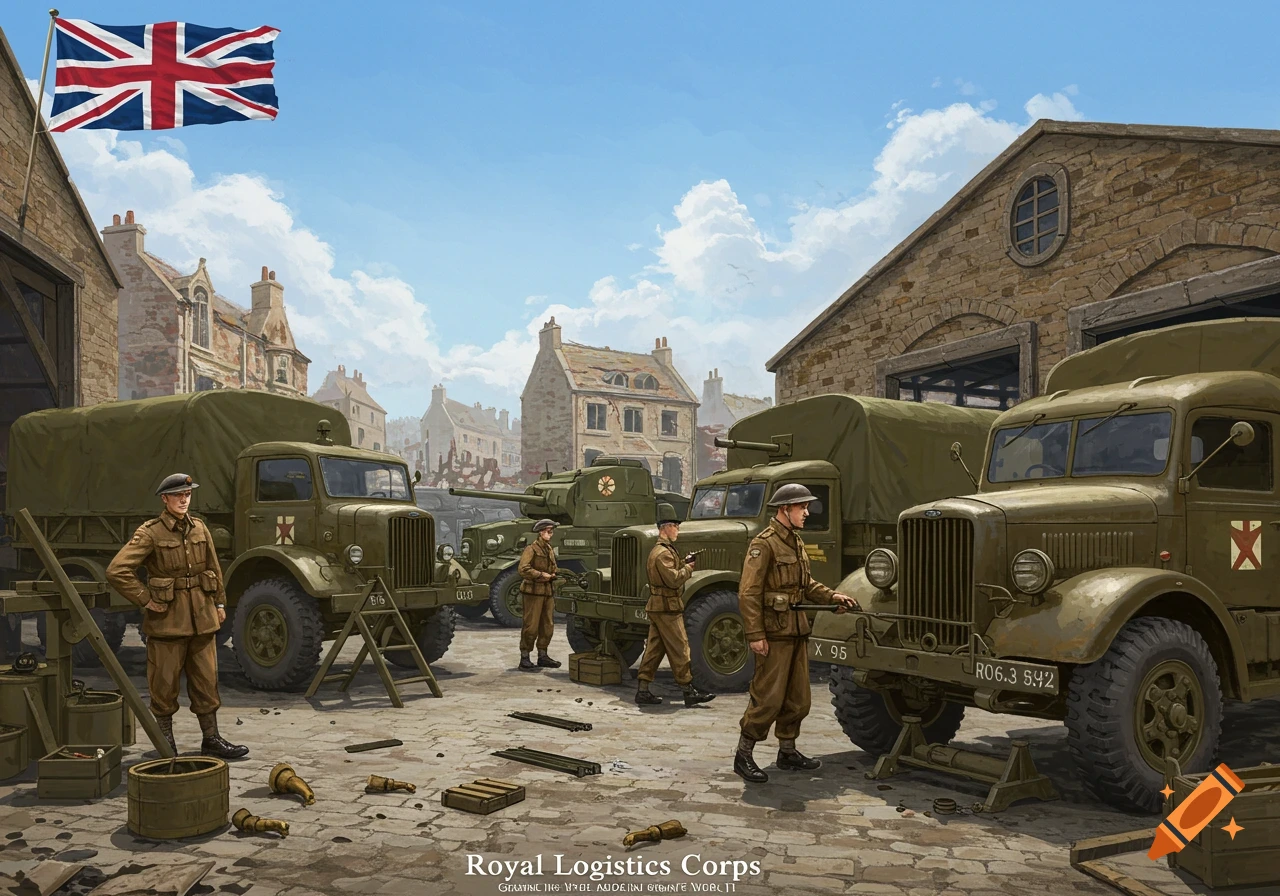 British soldiers and military vehicles in a yard with a Union Jack flag flying.
