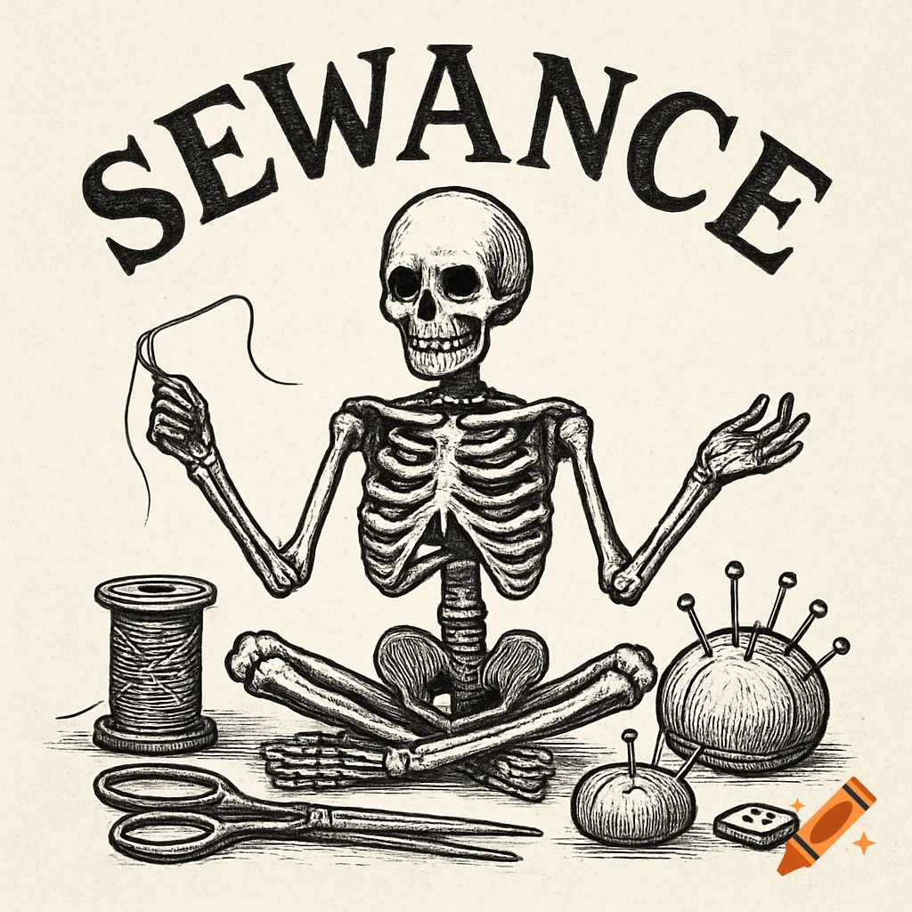 Black and white sketch of a skeleton sitting cross-legged, sewing, surrounded by sewing supplies and text "SEWANCE".