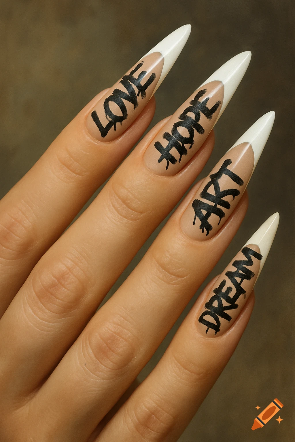 Close-up of hand with long stiletto nails featuring neutral base, white tips, and black graffiti words.