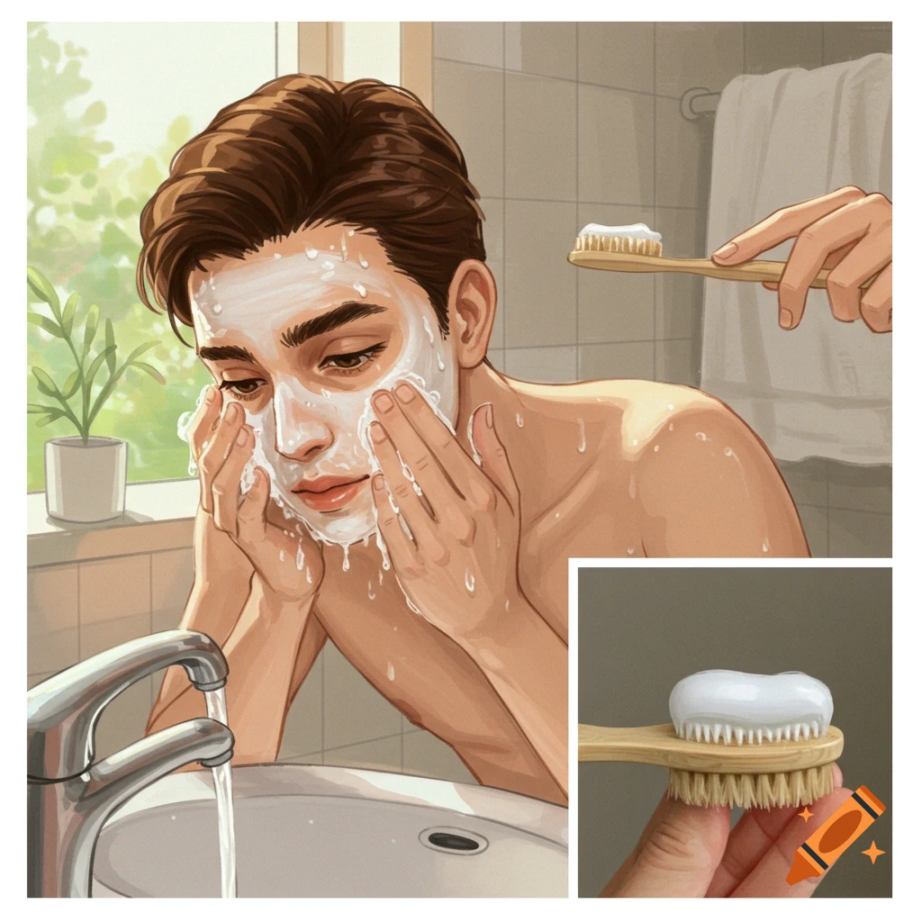 Illustration of a person washing their face at a sink, with a hand holding a toothbrush.