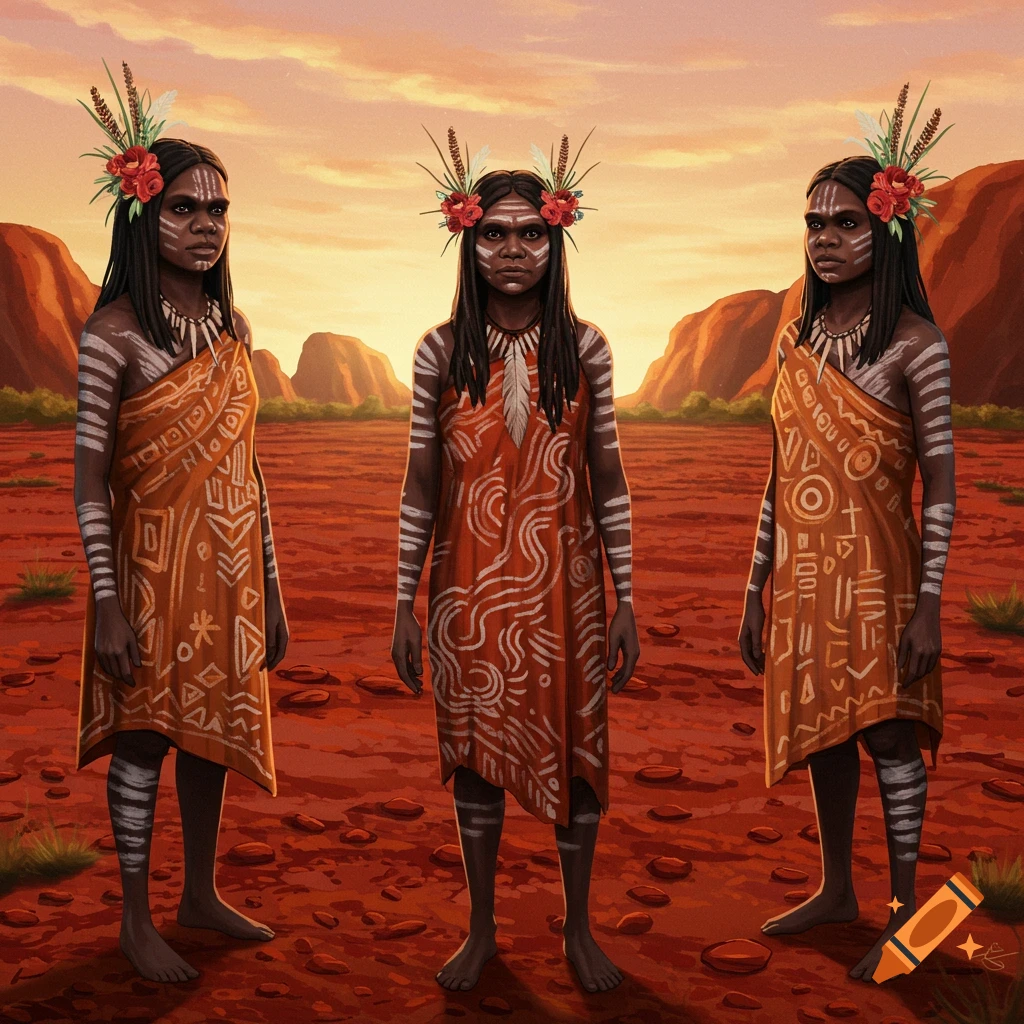 Three Aboriginal women in traditional clothing and body paint in a desert landscape at sunset.