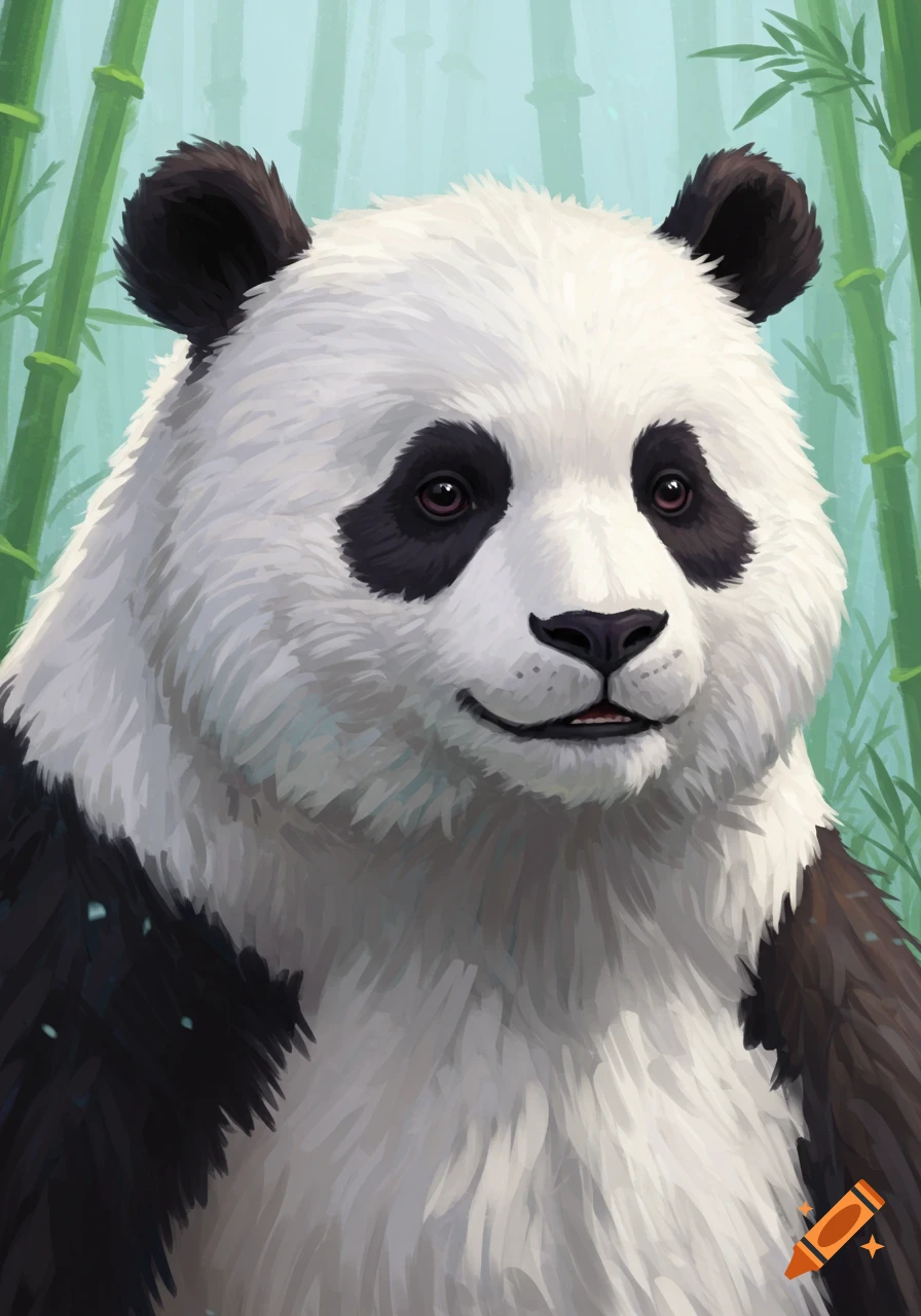 Close-up illustration of a panda in a bamboo forest