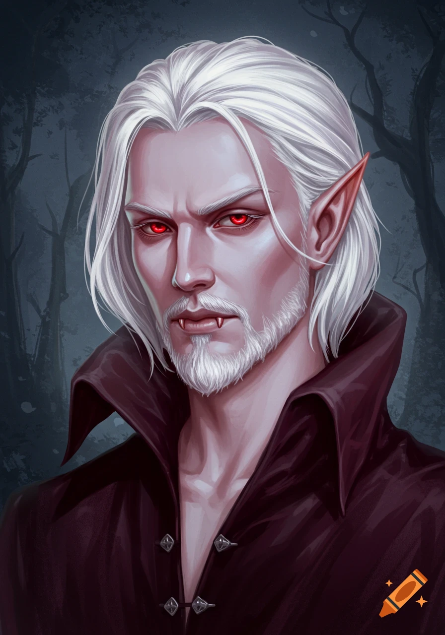 Portrait of a male vampire elf with white hair, red eyes, and fangs.