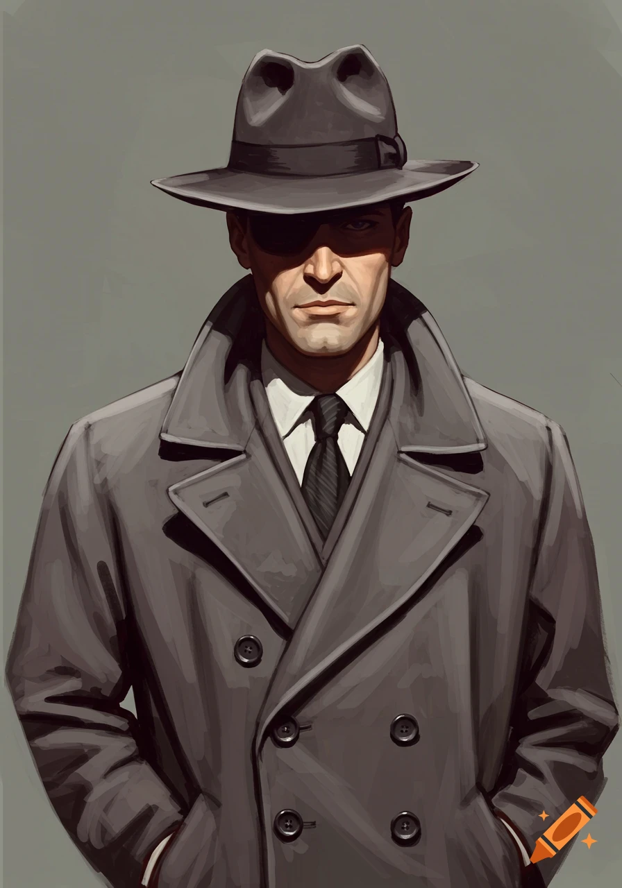 Painterly illustration of a man in a fedora and trench coat with hands in pockets, styled like a film noir detective.
