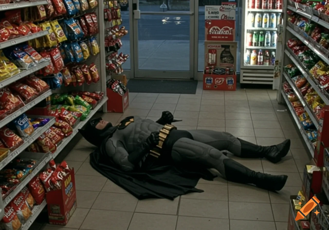 CCTV view of Batman passed out on the floor of a convenience store.