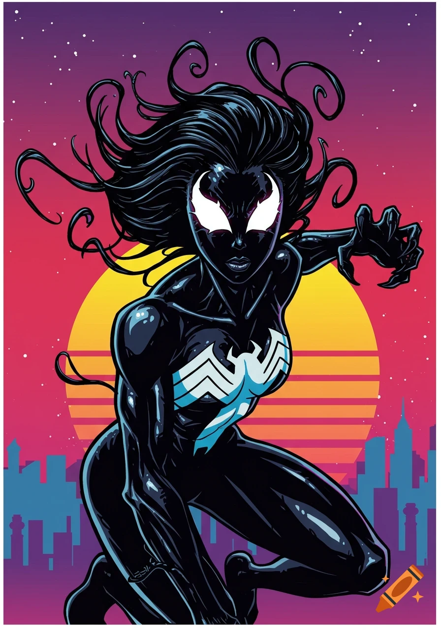 Female symbiote character in comic book style pose against a retro sunset cityscape.