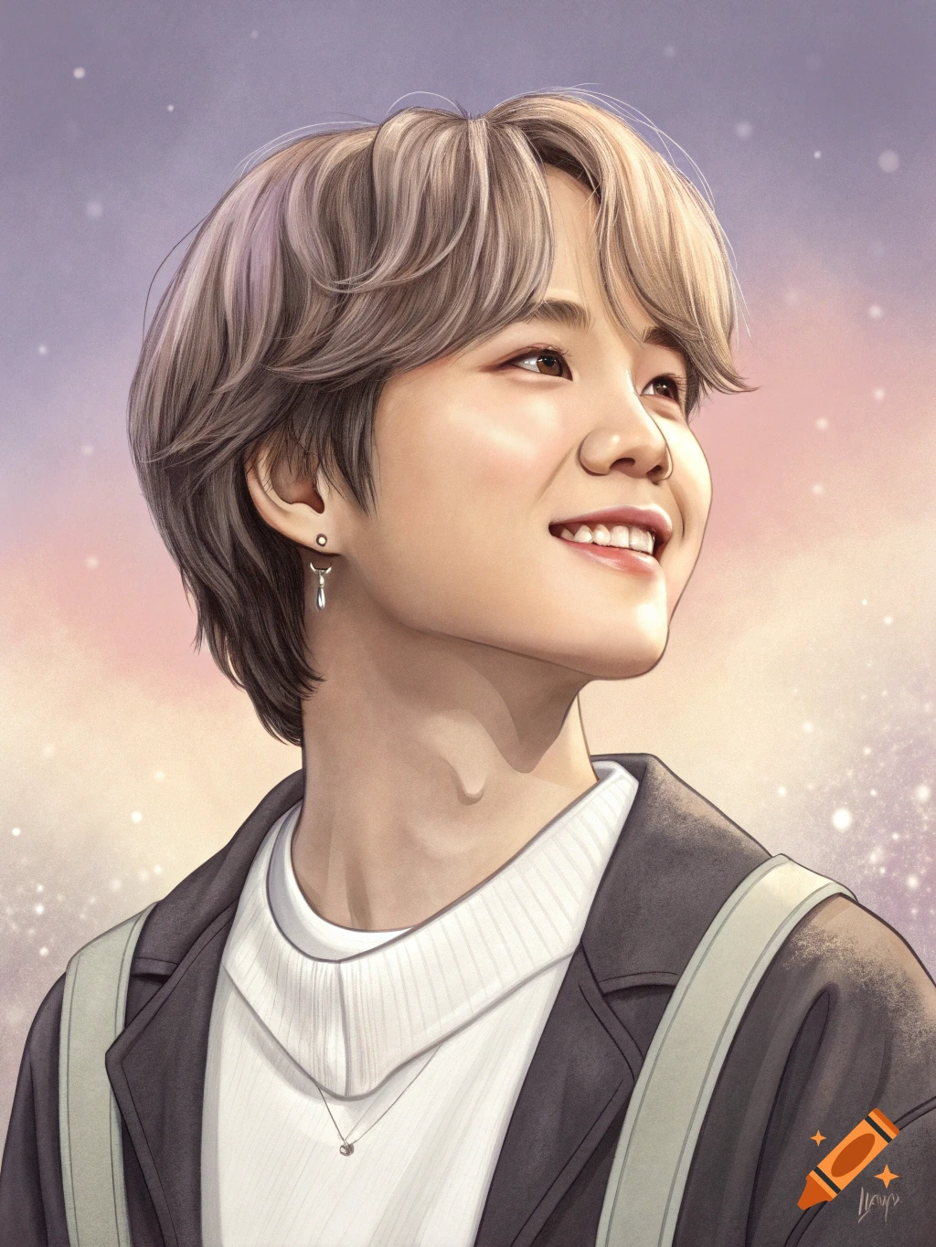 Digital painting close-up portrait of a young person smiling and looking upwards, with a blurred, starry sky background.