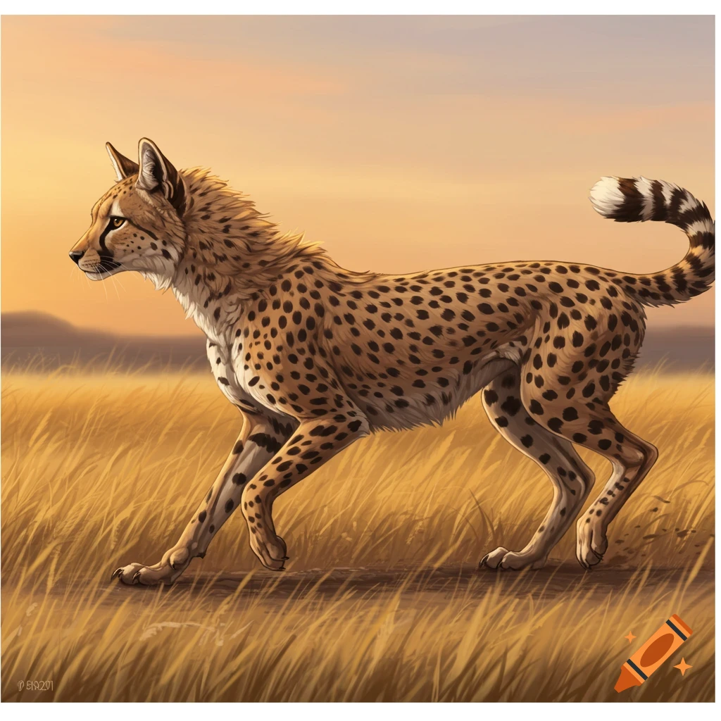 Cheetah-coyote mix walks through tall grass at sunset.