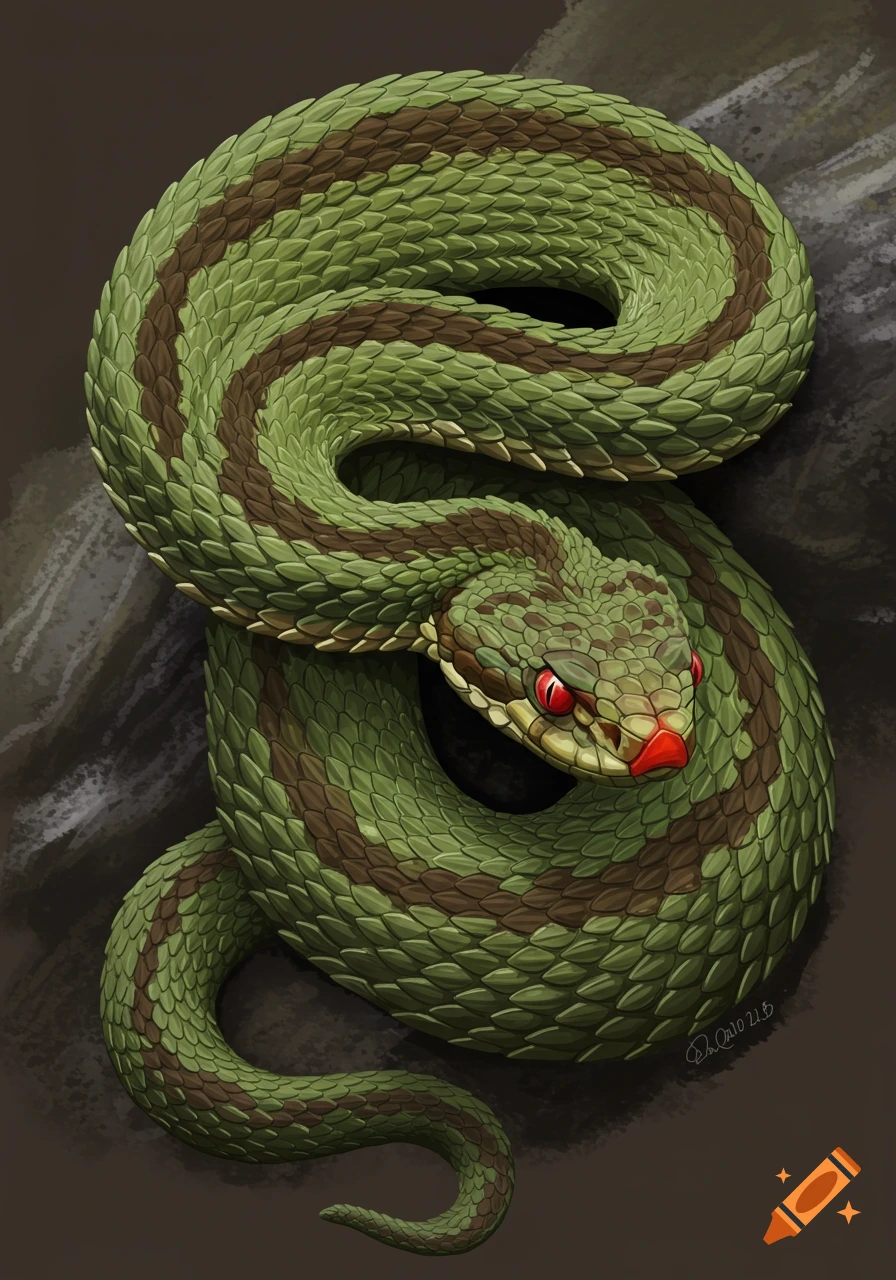 Digital illustration of a green and brown striped snake coiled up with red eyes and a red nose.