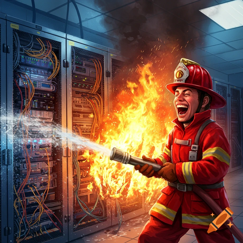 A laughing fireman sprays water on burning server racks in a data center.