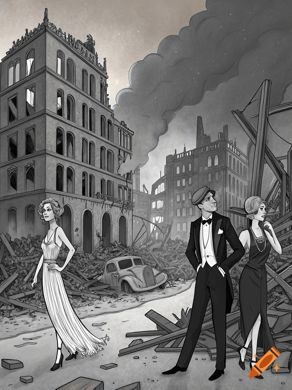 Black and white cartoon of elegantly dressed people standing in a destroyed city.