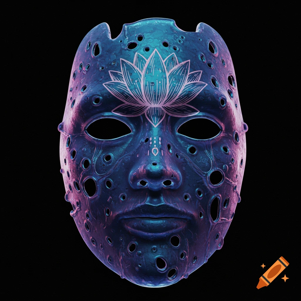 A dark blue and purple mask with many holes and a stylized pink lotus flower on the forehead.