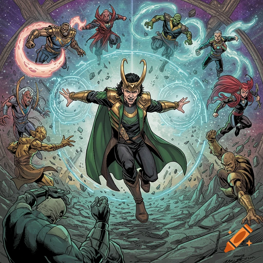 Loki floats casting spells, surrounded by Marvel characters in a dynamic comic book style illustration.