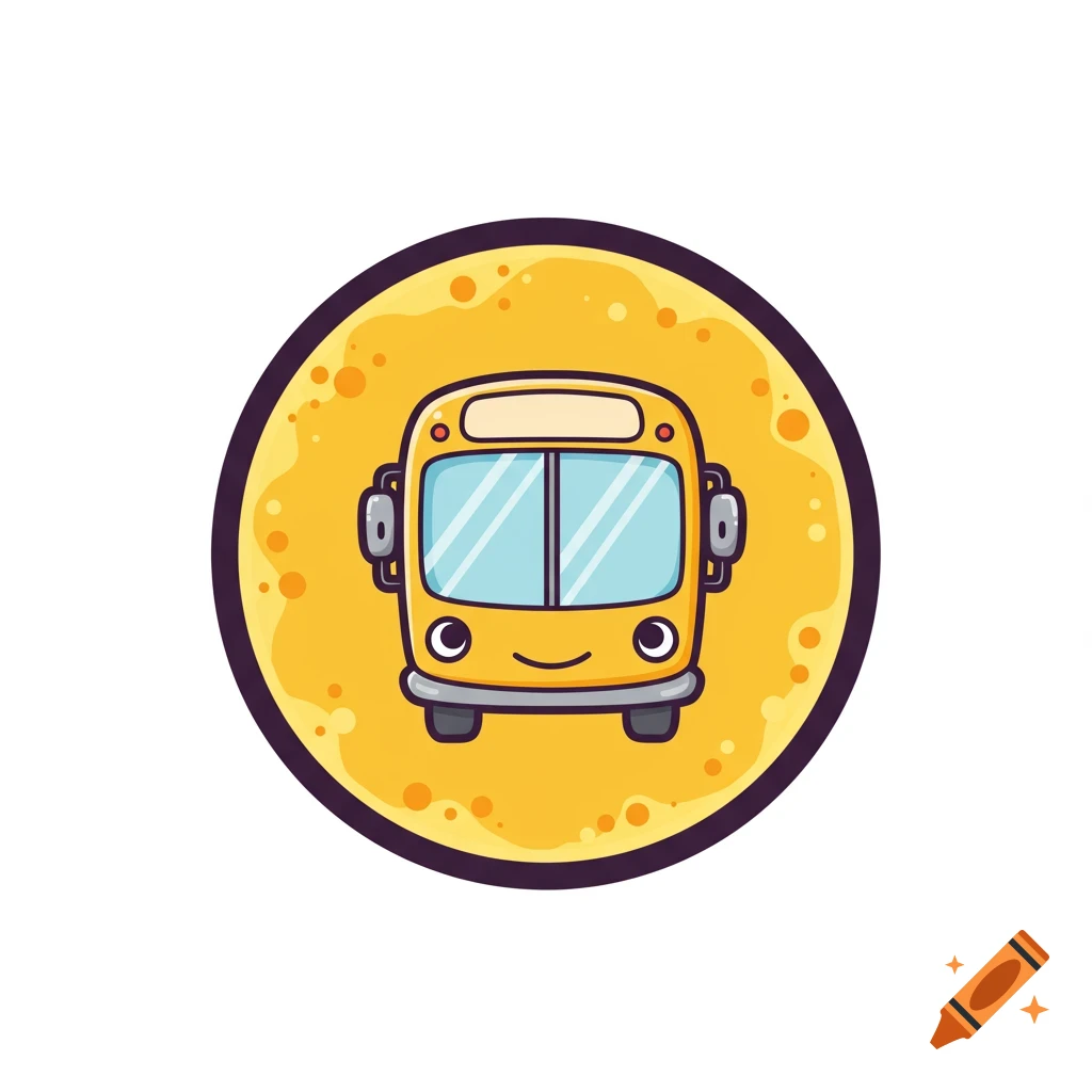 A cute cartoon yellow bus icon facing forward within a textured yellow circle.