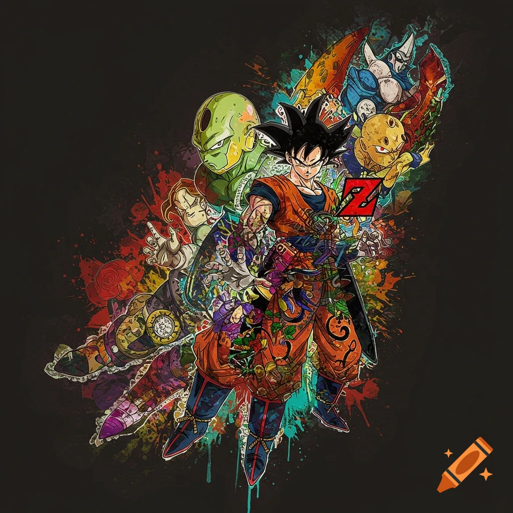 Stylized illustration of Goku and Dragon Ball Z characters in a trash polka tattoo art style with paint splatters on a dark background.