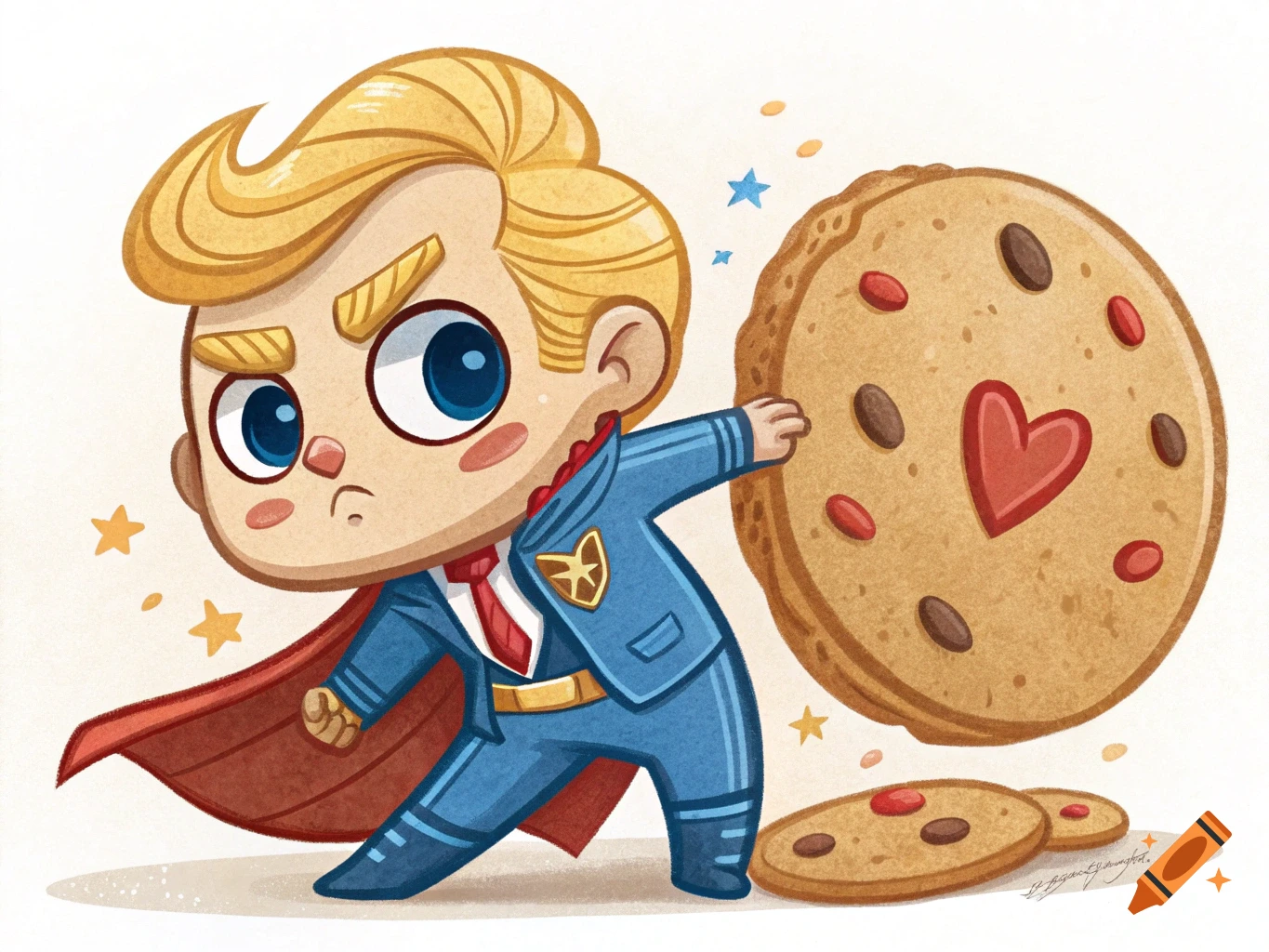 Chibi cartoon character resembling Homelander in a superhero suit holding a giant cookie with a heart, with smaller cookies and stars around.