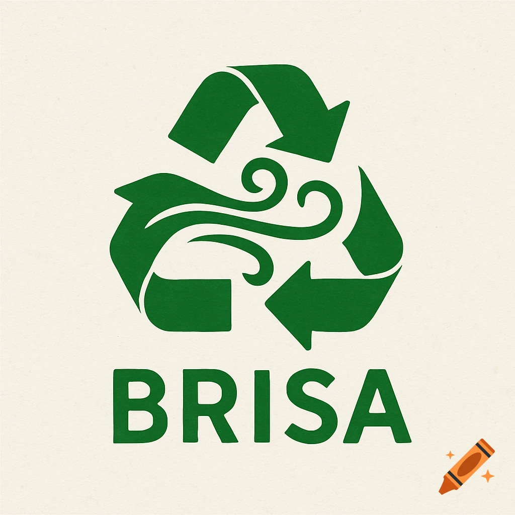 A green recycling logo with wind element details, and the name BRISA below it on a textured background.