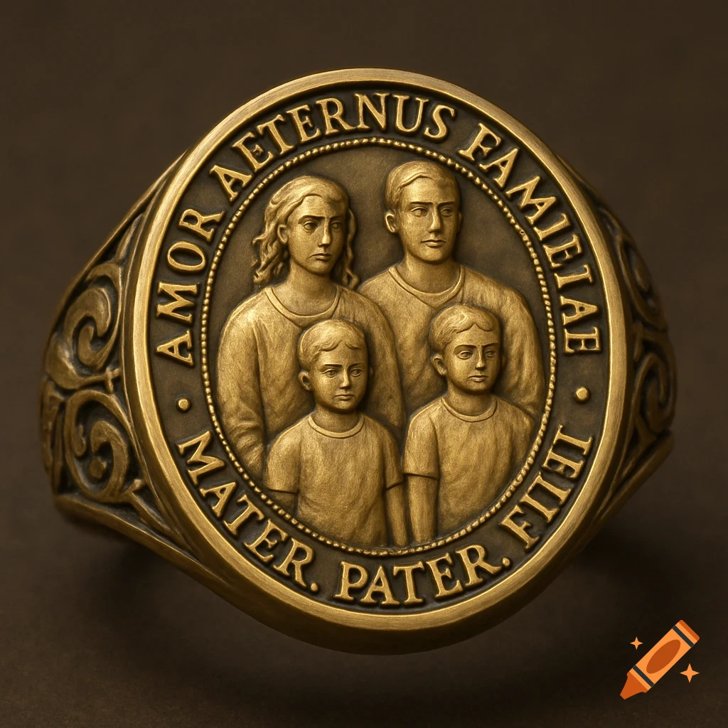 Close-up of a brass ring engraved with a family portrait and Latin text.