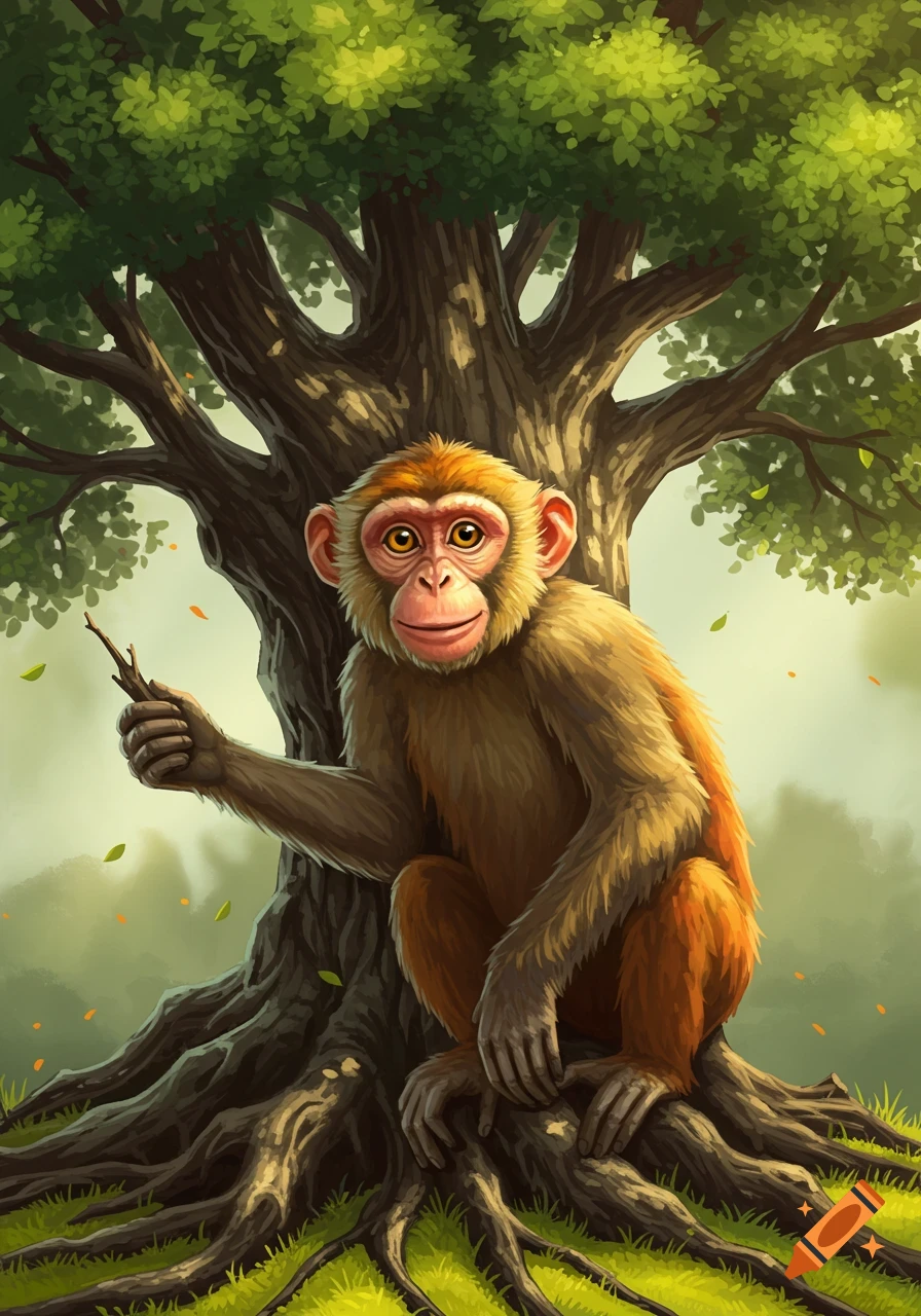 Illustration of a monkey sitting at the base of a large tree, holding a stick.
