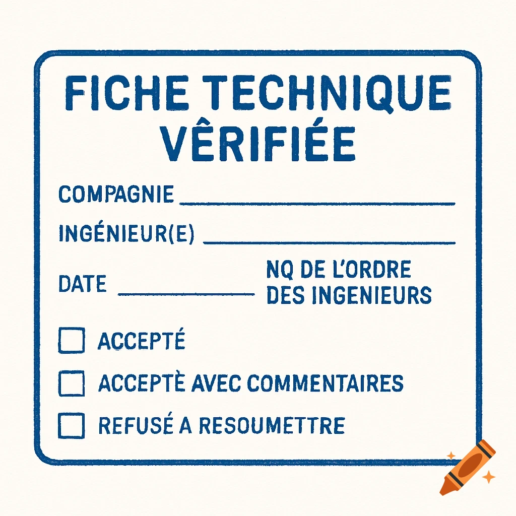 A blue graphic that looks like a stamp or form for verifying technical sheets by an engineer. It includes fields for company, engineer, date, and engineer order number, along with checkboxes for accepted, accepted with comments, and refused to resubmit.