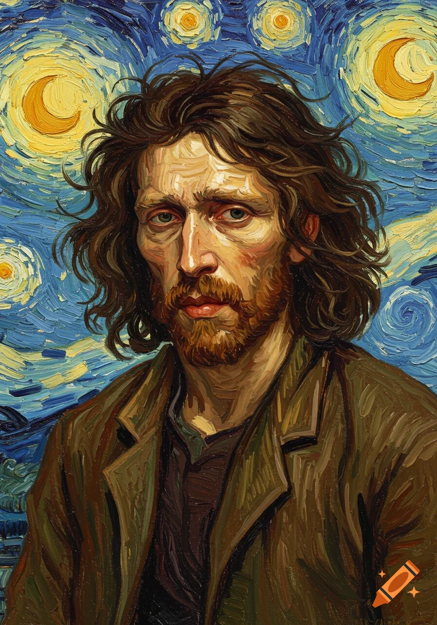 Painting of a man with long hair and beard in the style of Van Gogh's Starry Night.