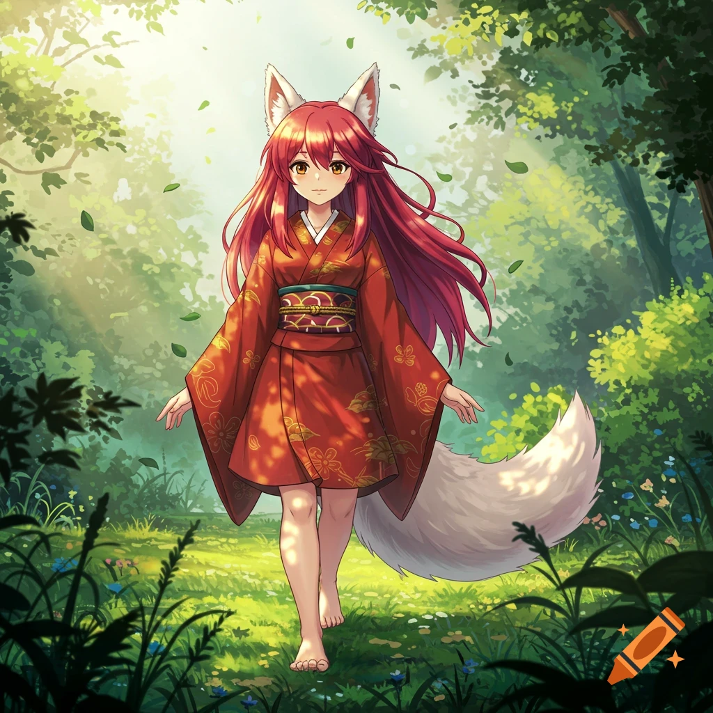 Anime fox girl in red kimono walks barefoot through sunlit forest.