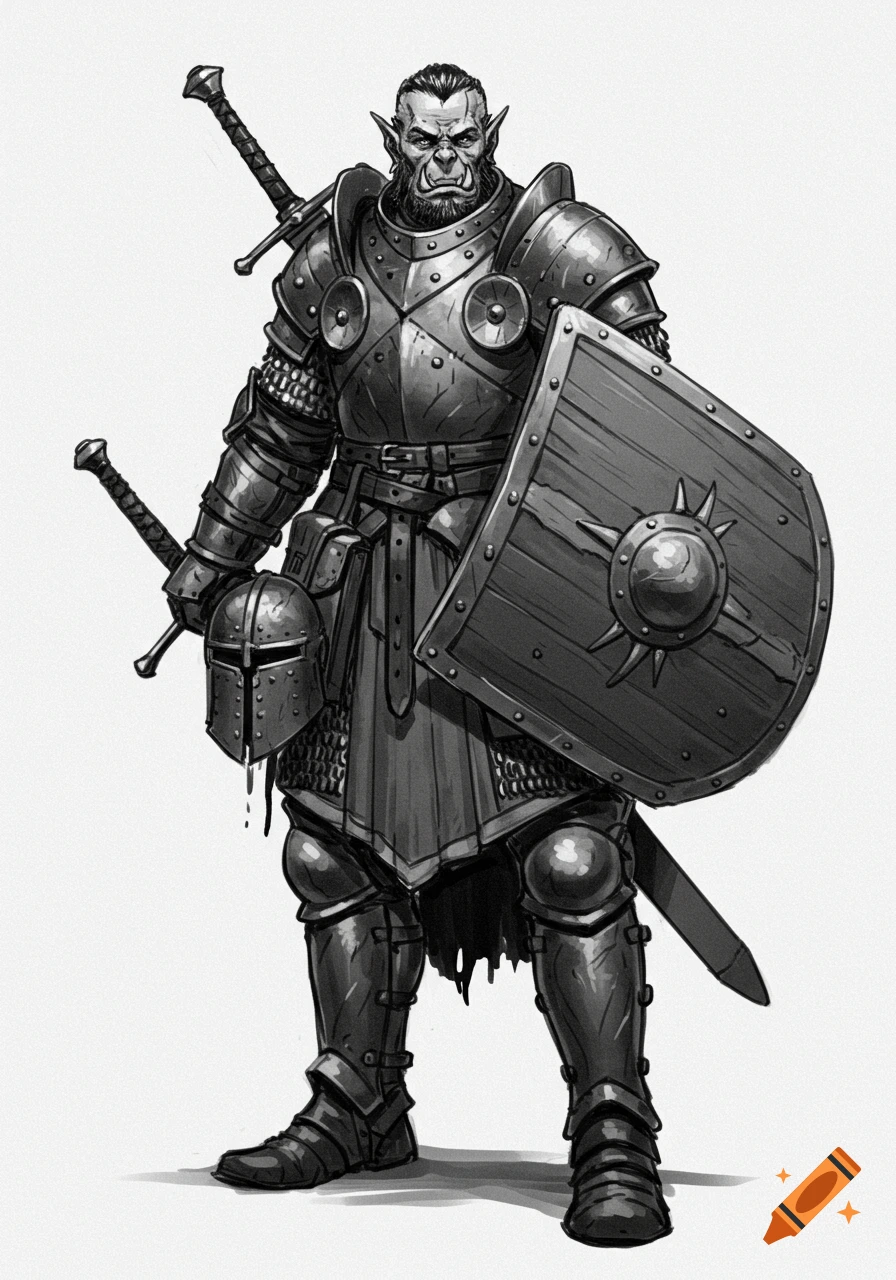 Pencil sketch of a half-orc knight in full plate armor, holding a large shield and helmet.