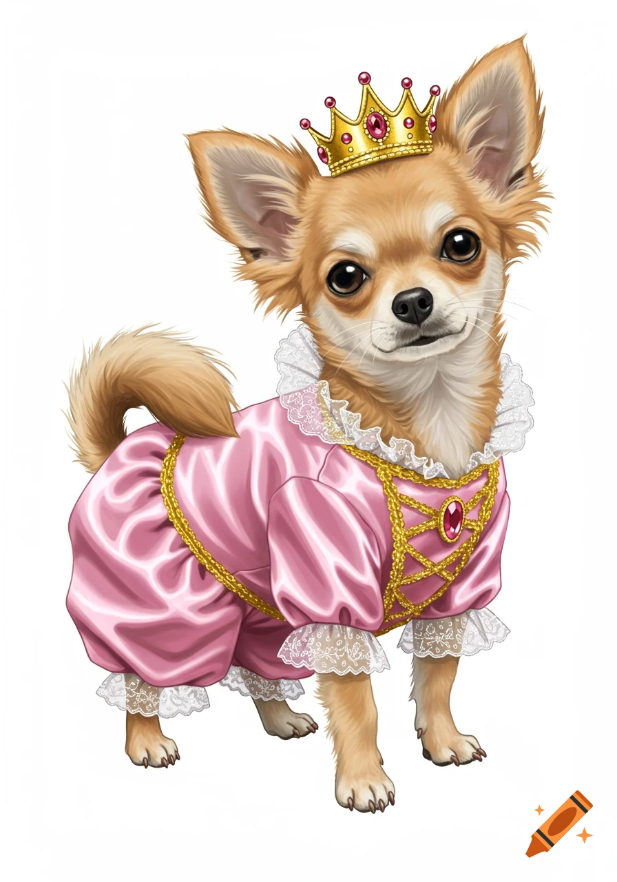 Illustration of a chihuahua dog wearing a pink princess costume and a golden crown on a white background.