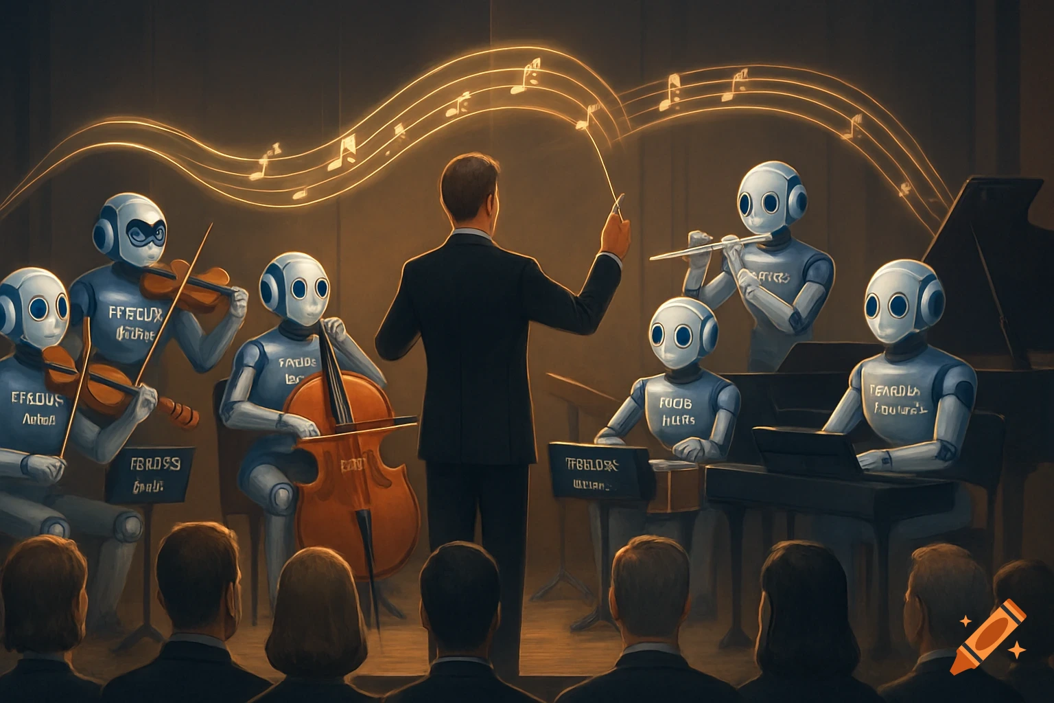 A human conductor leads an orchestra of robots playing instruments on a stage with an audience.