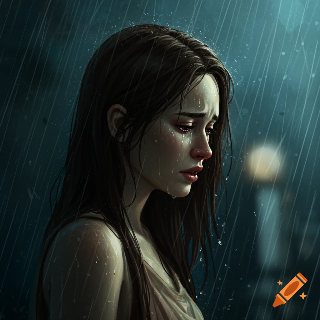 A woman cries in the rain, tears mixing with raindrops.