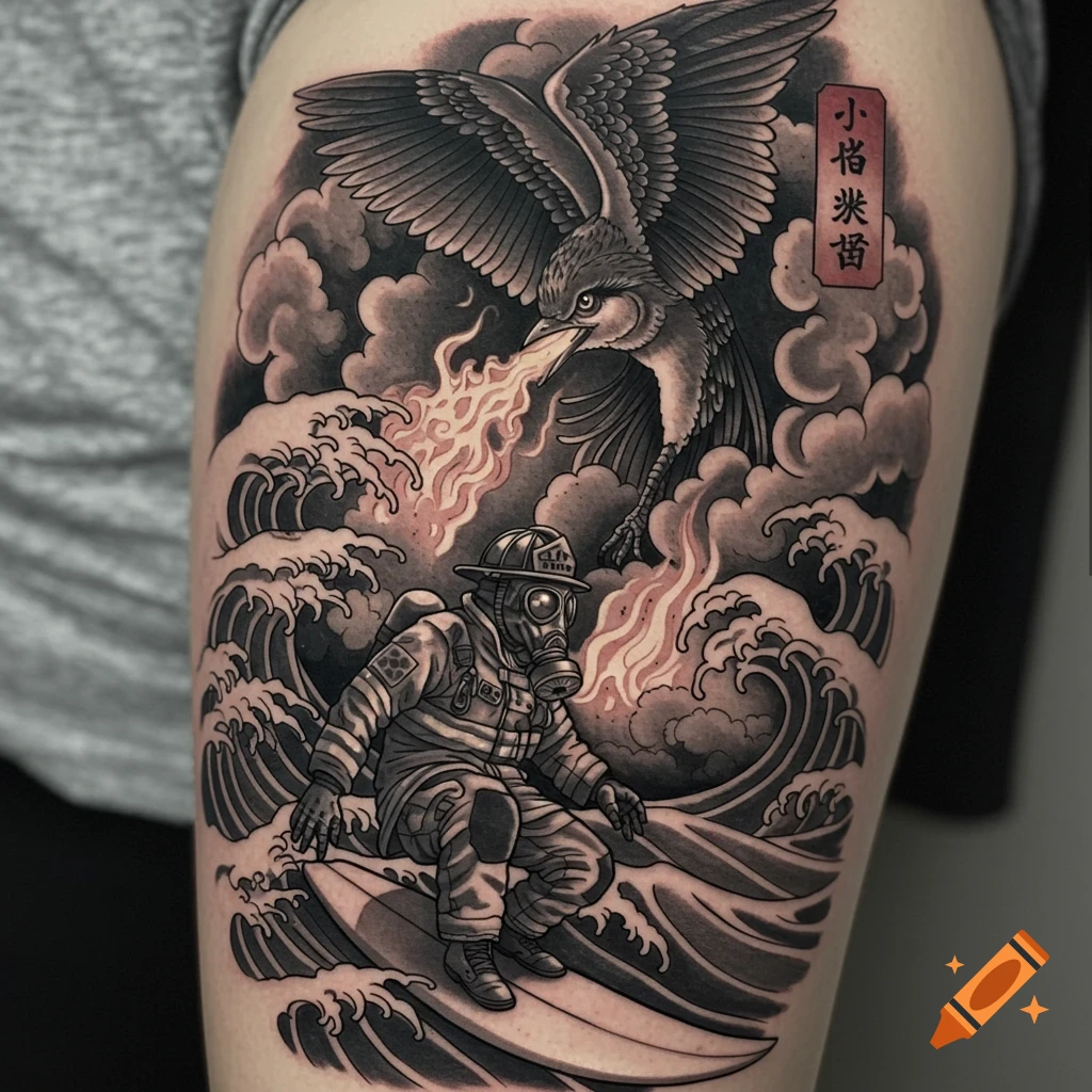 Black and white tattoo of firefighter with gas mask surfing large waves below a fire-breathing bird.