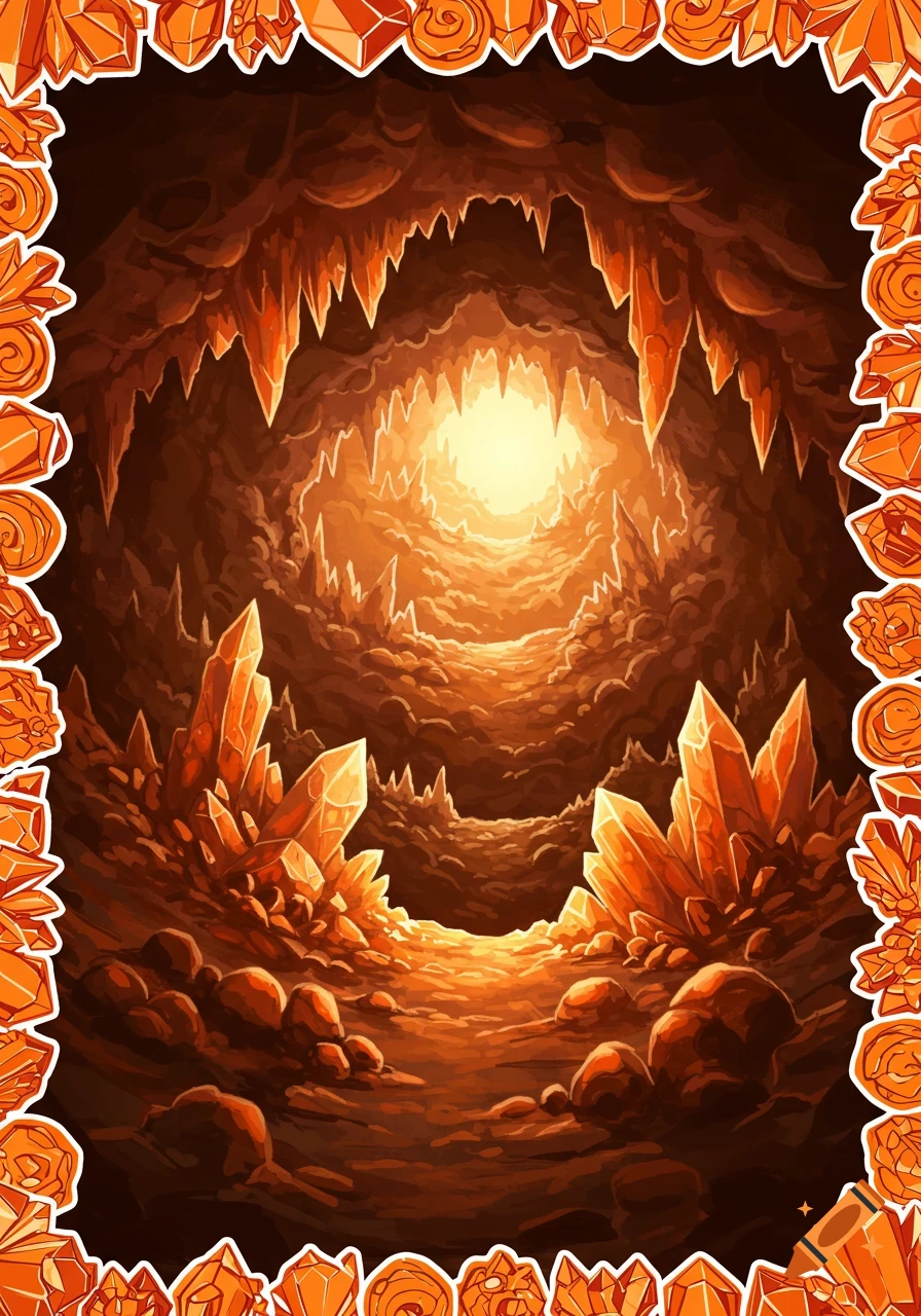 A fantasy illustration of a glowing cave filled with orange crystals, framed by an orange sticker border.