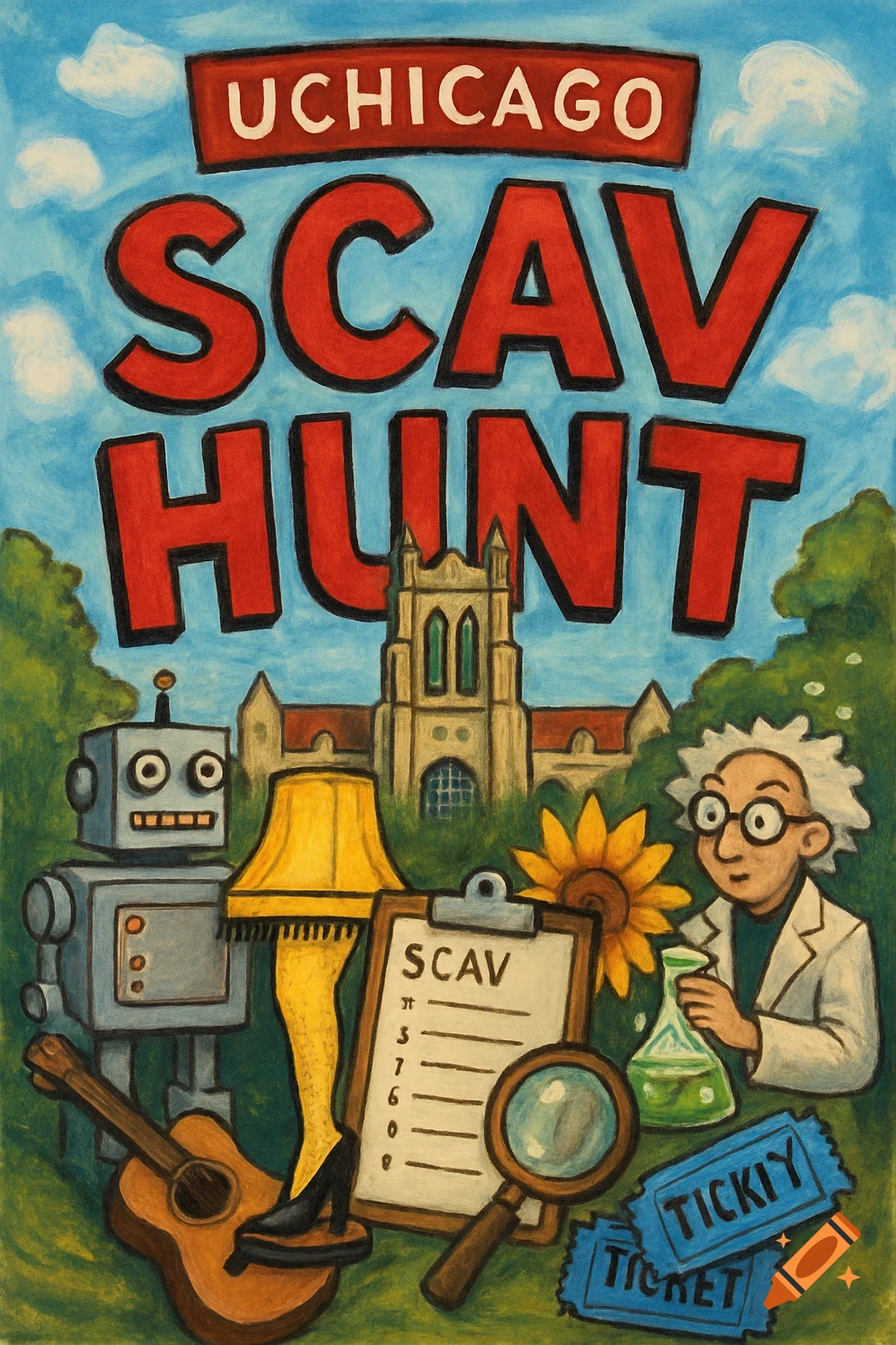 Colorful illustration for UChicago Scavenger Hunt with robot, professor, and clues.