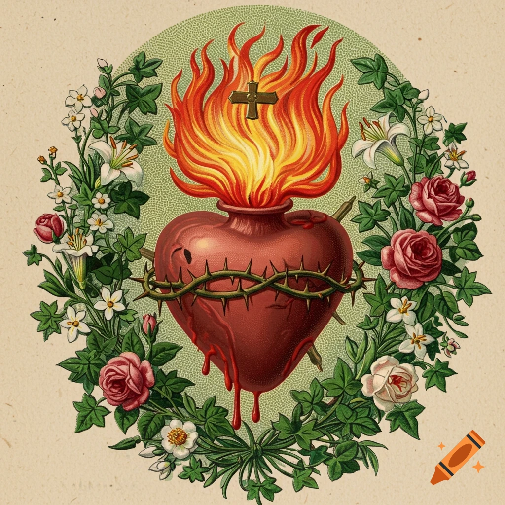 Victorian illustration of a Sacred Heart with thorns, flames, and blood, framed by roses and flowers.