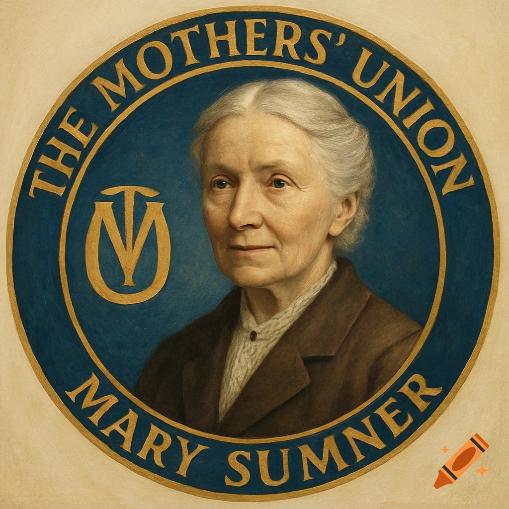 Portrait of Mary Sumner in a circular logo with text 'THE MOTHERS' UNION MARY SUMNER'.