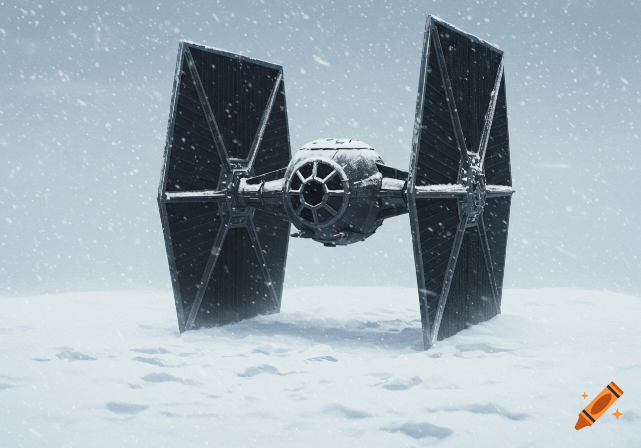 A TIE fighter spaceship sits in a snowy landscape with snow falling.