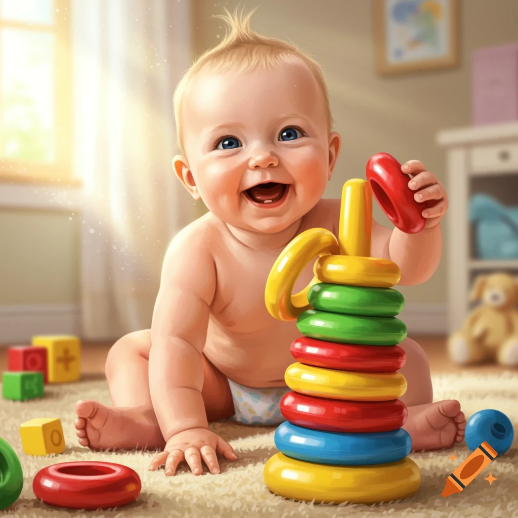 Happy baby playing with a colorful stacking ring toy.